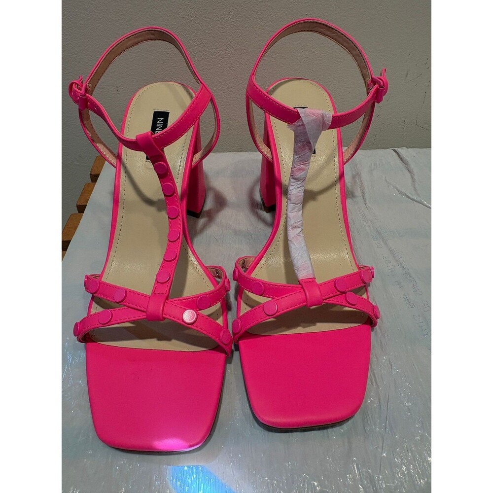 Nine West Sandals Women's 10M Neon Pink Block Heel T-Strap Studded Square Toe